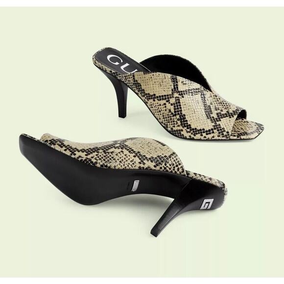 Gucci Python Beige Avana Peep Toe Slip On Heel Mules Sandal Size 37/ 7 NIB - Picture 3 of 11